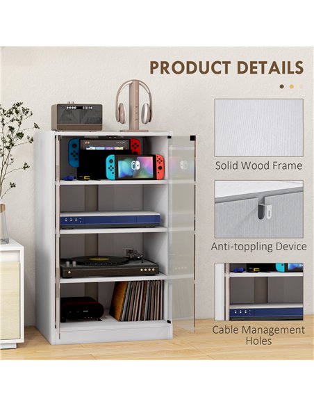 HOMCOM 4-Tier Hi-Fi Stand,  Record Player Stand with Adjustable Shelves and Push-to-Open Glass Doors, White Wood-Effect - pic 206204 | FastDaddyshop