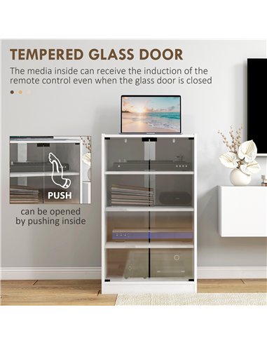 HOMCOM 4-Tier Hi-Fi Stand,  Record Player Stand with Adjustable Shelves and Push-to-Open Glass Doors, White Wood-Effect