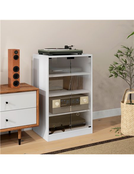 HOMCOM 4-Tier Hi-Fi Stand,  Record Player Stand with Adjustable Shelves and Push-to-Open Glass Doors, White Wood-Effect - pic 206206 | FastDaddyshop