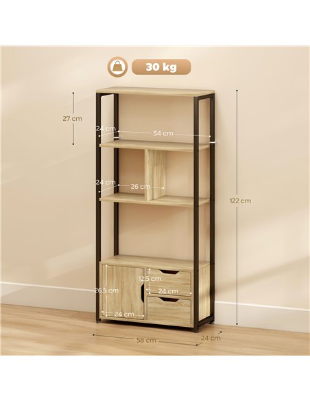 HOMCOM 4-Tier Bookcase, Bookshelf with 1 Cabinet and 2 Drawers for Living Room, Bedroom, Study, Natural Wood - pic 206219 | FastDaddyshop