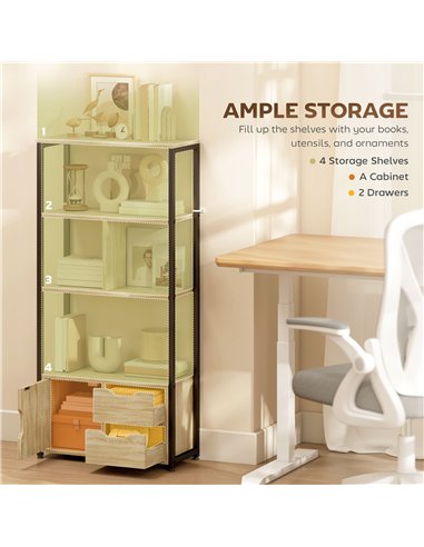 HOMCOM 4-Tier Bookcase, Bookshelf with 1 Cabinet and 2 Drawers for Living Room, Bedroom, Study, Natural Wood