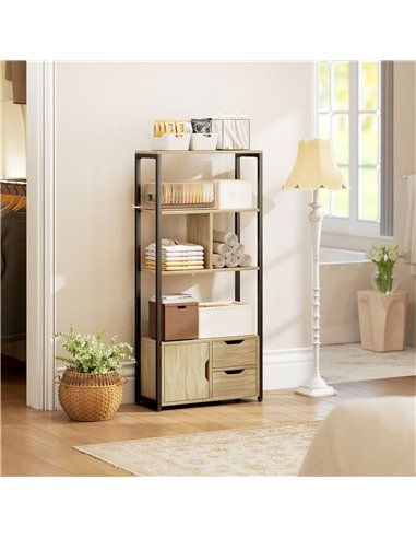 HOMCOM 4-Tier Bookcase, Bookshelf with 1 Cabinet and 2 Drawers for Living Room, Bedroom, Study, Natural Wood