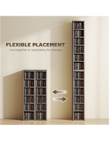 HOMCOM Set of 2 CD Media Display Shelf Unit Tower Rack with Adjustable Shelves, Distressed Grey