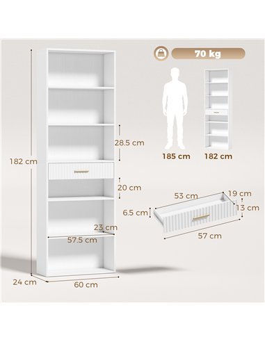 HOMCOM Bookcase Narrow Tall Space-Saving Bookshelf Drawer Open Shelves 60 x 24 x 182 cm White