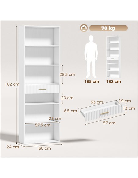 HOMCOM Bookcase Narrow Tall Space-Saving Bookshelf Drawer Open Shelves 60 x 24 x 182 cm White - pic 206237 | FastDaddyshop