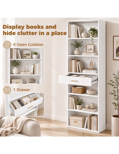 HOMCOM Bookcase Narrow Tall Space-Saving Bookshelf Drawer Open Shelves 60 x 24 x 182 cm White - pic 206238 | FastDaddyshop