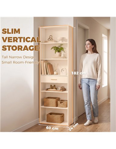 HOMCOM Bookcase Narrow Tall Space-Saving Bookshelf Drawer Open Shelves 60 x 24 x 182 cm White