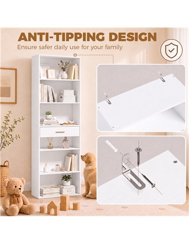 HOMCOM Bookcase Narrow Tall Space-Saving Bookshelf Drawer Open Shelves 60 x 24 x 182 cm White