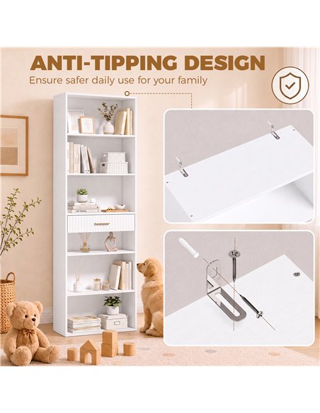 HOMCOM Bookcase Narrow Tall Space-Saving Bookshelf Drawer Open Shelves 60 x 24 x 182 cm White - pic 206241 | FastDaddyshop