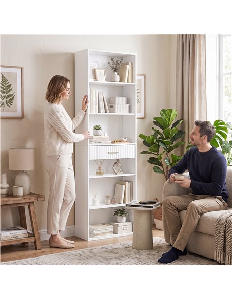 HOMCOM Bookcase Narrow Tall Space-Saving Bookshelf Drawer Open Shelves 60 x 24 x 182 cm White - pic 206243 | FastDaddyshop