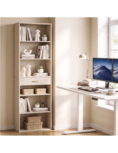HOMCOM Bookcase Narrow Tall Space-Saving Bookshelf Drawer Open Shelves 60 x 24 x 182 cm Oak Wood Effect