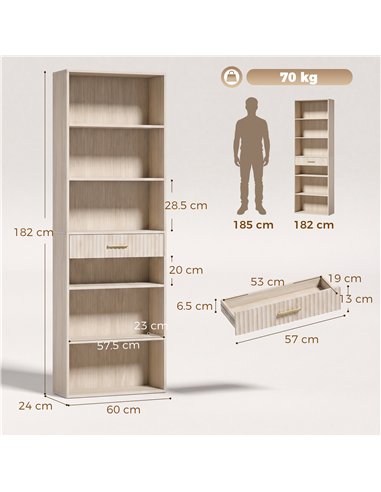 HOMCOM Bookcase Narrow Tall Space-Saving Bookshelf Drawer Open Shelves 60 x 24 x 182 cm Oak Wood Effect