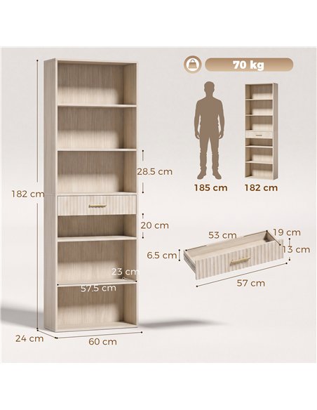 HOMCOM Bookcase Narrow Tall Space-Saving Bookshelf Drawer Open Shelves 60 x 24 x 182 cm Oak Wood Effect - pic 206246 | FastDaddyshop