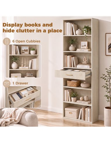 HOMCOM Bookcase Narrow Tall Space-Saving Bookshelf Drawer Open Shelves 60 x 24 x 182 cm Oak Wood Effect