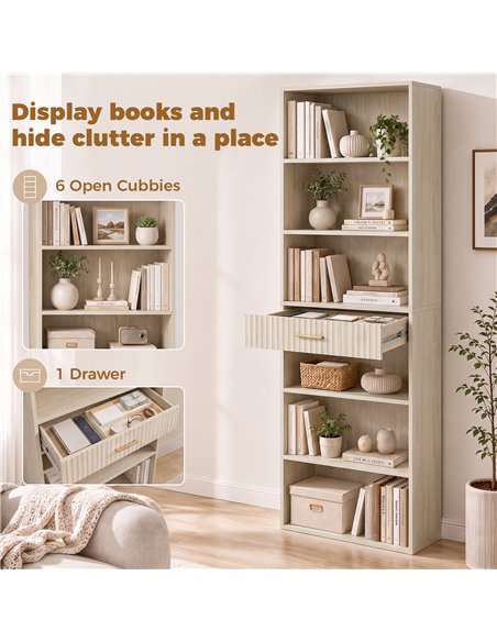 HOMCOM Bookcase Narrow Tall Space-Saving Bookshelf Drawer Open Shelves 60 x 24 x 182 cm Oak Wood Effect - pic 206247 | FastDaddyshop