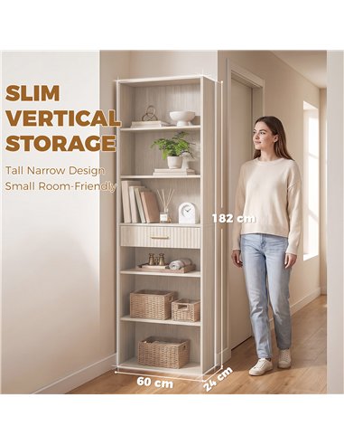 HOMCOM Bookcase Narrow Tall Space-Saving Bookshelf Drawer Open Shelves 60 x 24 x 182 cm Oak Wood Effect