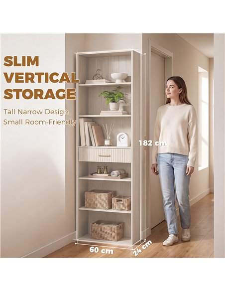 HOMCOM Bookcase Narrow Tall Space-Saving Bookshelf Drawer Open Shelves 60 x 24 x 182 cm Oak Wood Effect - pic 206248 | FastDaddyshop