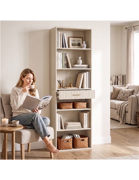 HOMCOM Bookcase Narrow Tall Space-Saving Bookshelf Drawer Open Shelves 60 x 24 x 182 cm Oak Wood Effect - pic 206251 | FastDaddyshop