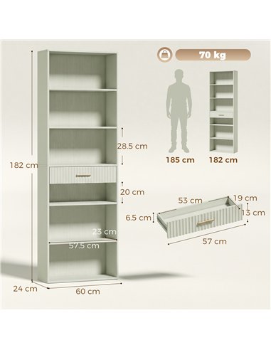 HOMCOM Bookcase Narrow Tall Space-Saving Bookshelf Drawer Open Shelves 60 x 24 x 182 cm Light Green