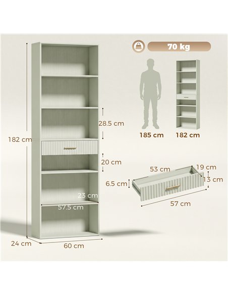 HOMCOM Bookcase Narrow Tall Space-Saving Bookshelf Drawer Open Shelves 60 x 24 x 182 cm Light Green - pic 206255 | FastDaddyshop