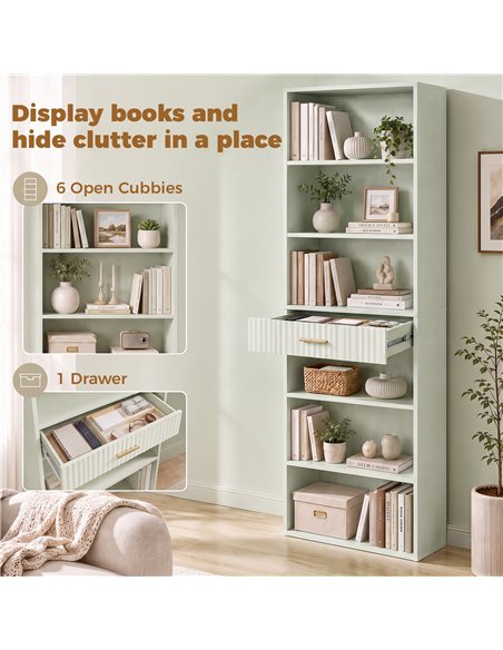 HOMCOM Bookcase Narrow Tall Space-Saving Bookshelf Drawer Open Shelves 60 x 24 x 182 cm Light Green - pic 206256 | FastDaddyshop