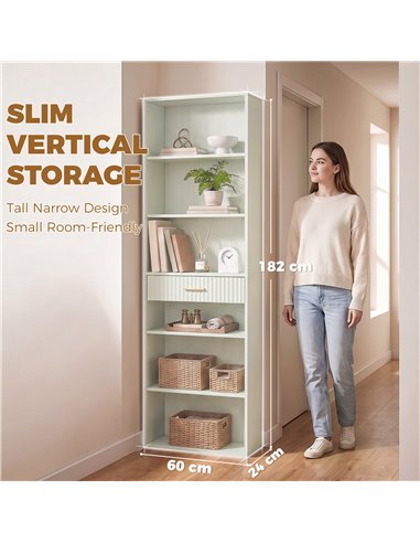HOMCOM Bookcase Narrow Tall Space-Saving Bookshelf Drawer Open Shelves 60 x 24 x 182 cm Light Green