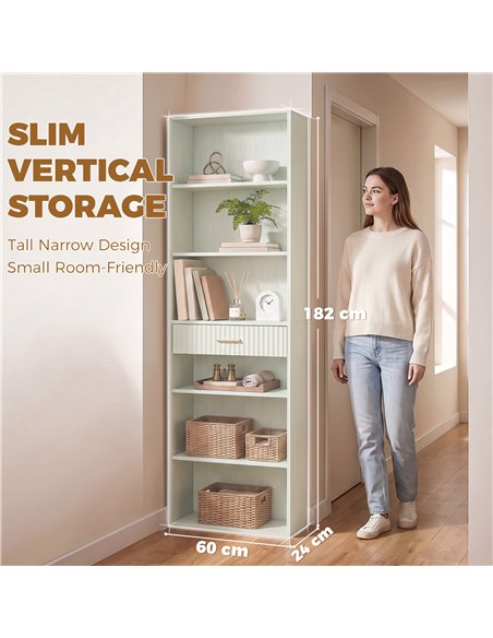HOMCOM Bookcase Narrow Tall Space-Saving Bookshelf Drawer Open Shelves 60 x 24 x 182 cm Light Green - pic 206257 | FastDaddyshop