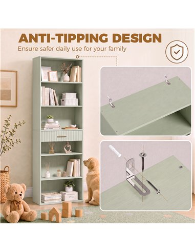 HOMCOM Bookcase Narrow Tall Space-Saving Bookshelf Drawer Open Shelves 60 x 24 x 182 cm Light Green