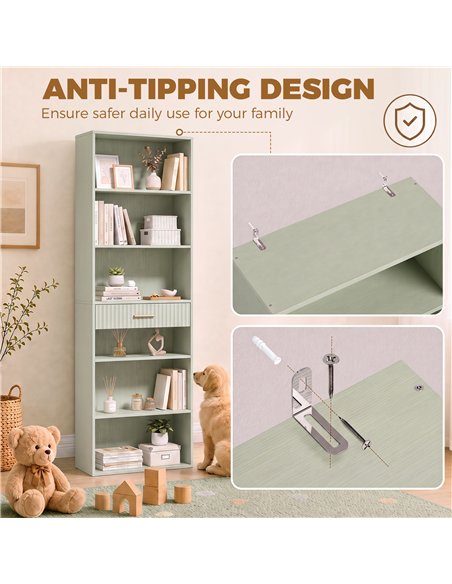 HOMCOM Bookcase Narrow Tall Space-Saving Bookshelf Drawer Open Shelves 60 x 24 x 182 cm Light Green - pic 206259 | FastDaddyshop