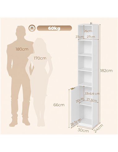 HOMCOM Bookcase Adjustable Shelf Bookshelf Anti-Tip Hardware 6-Tier Storage Cabinet White Wood Effect