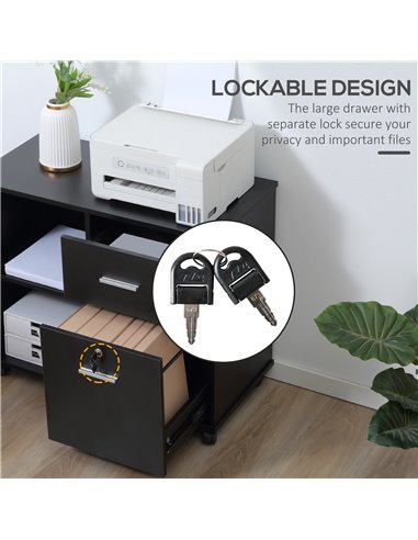 Vinsetto Filing Cabinet with Wheels, Mobile Printer Stand with Open Shelves and Drawers for A4 Size Documents, Black