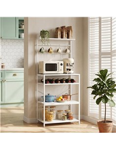HOMCOM Freestanding Shelving Unit, Industrial Storage Shelf with 6 Hooks and Wine Rack for Living Room, Home Office, White 2