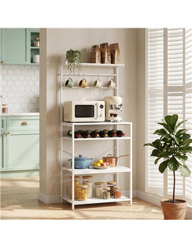 HOMCOM Freestanding Shelving Unit, Industrial Storage Shelf with 6 Hooks and Wine Rack for Living Room, Home Office, White