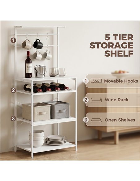 HOMCOM Freestanding Shelving Unit, Industrial Storage Shelf with 6 Hooks and Wine Rack for Living Room, Home Office, White - pic 206319 | FastDaddyshop