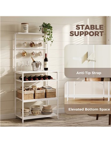 HOMCOM Freestanding Shelving Unit, Industrial Storage Shelf with 6 Hooks and Wine Rack for Living Room, Home Office, White
