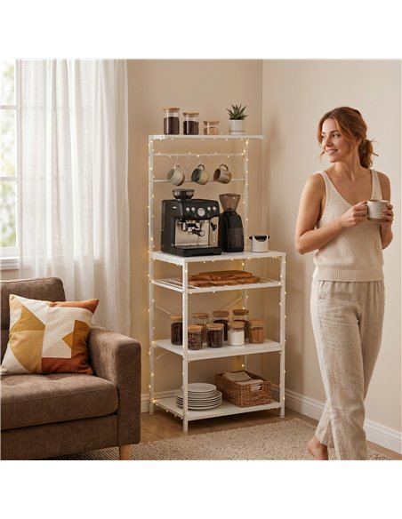 HOMCOM Freestanding Shelving Unit, Industrial Storage Shelf with 6 Hooks and Wine Rack for Living Room, Home Office, White - pic 206322 | FastDaddyshop