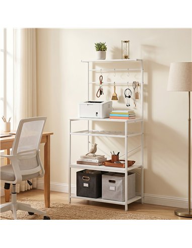 HOMCOM Freestanding Shelving Unit, Industrial Storage Shelf with 6 Hooks and Wine Rack for Living Room, Home Office, White