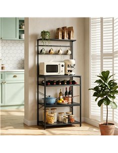 HOMCOM Freestanding Shelving Unit, Industrial Storage Shelf with 6 Hooks and Wine Rack for Living Room, Home Office, Black 2