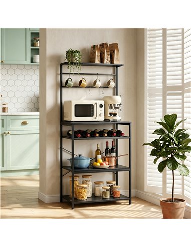 HOMCOM Freestanding Shelving Unit, Industrial Storage Shelf with 6 Hooks and Wine Rack for Living Room, Home Office, Black