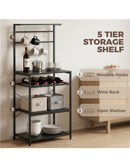 HOMCOM Freestanding Shelving Unit, Industrial Storage Shelf with 6 Hooks and Wine Rack for Living Room, Home Office, Black - pic 206328 | FastDaddyshop