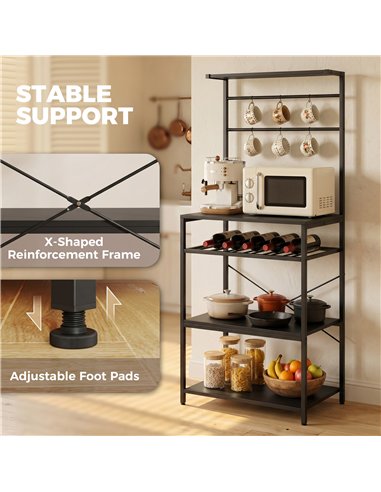 HOMCOM Freestanding Shelving Unit, Industrial Storage Shelf with 6 Hooks and Wine Rack for Living Room, Home Office, Black