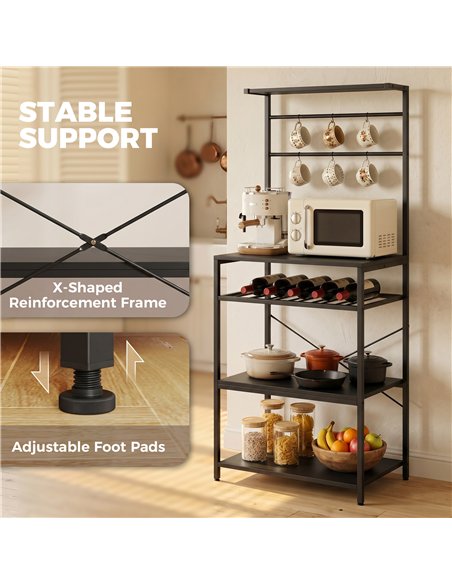 HOMCOM Freestanding Shelving Unit, Industrial Storage Shelf with 6 Hooks and Wine Rack for Living Room, Home Office, Black - pic 206329 | FastDaddyshop