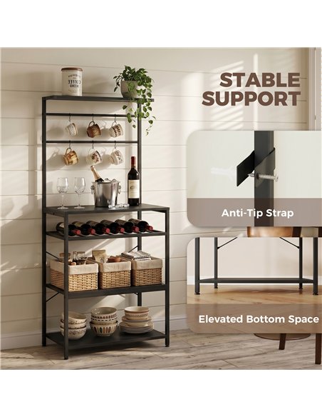 HOMCOM Freestanding Shelving Unit, Industrial Storage Shelf with 6 Hooks and Wine Rack for Living Room, Home Office, Black - pic 206330 | FastDaddyshop