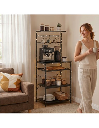 HOMCOM Freestanding Shelving Unit, Industrial Storage Shelf with 6 Hooks and Wine Rack for Living Room, Home Office, Black