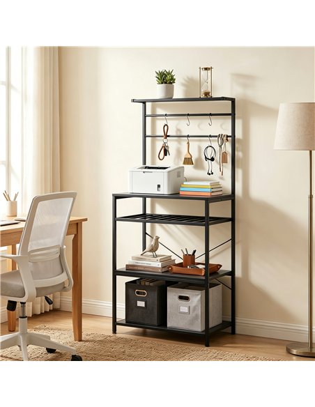 HOMCOM Freestanding Shelving Unit, Industrial Storage Shelf with 6 Hooks and Wine Rack for Living Room, Home Office, Black - pic 206332 | FastDaddyshop