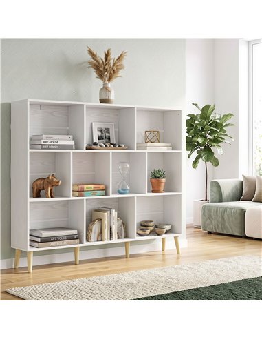 HOMCOM 10-Cube Bookcase, 3-Tier Book Shelf with Solid Wood Legs, 140 cm Modern Bookshelf with Anti-Tip Kit for Bedroom, White
