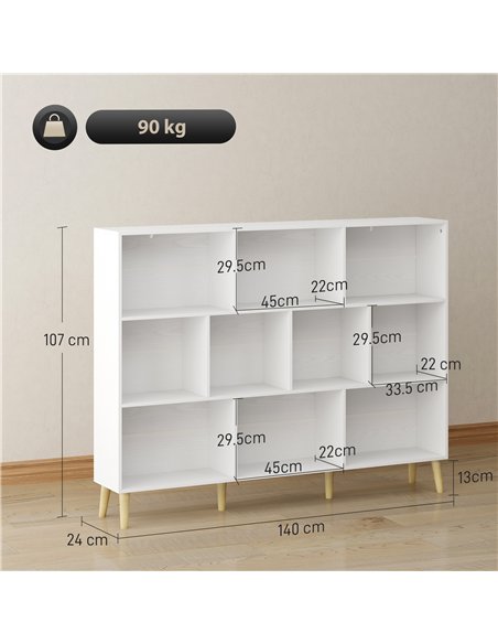 HOMCOM 10-Cube Bookcase, 3-Tier Book Shelf with Solid Wood Legs, 140 cm Modern Bookshelf with Anti-Tip Kit for Bedroom, White - pic 206345 | FastDaddyshop