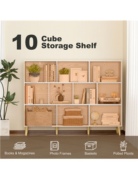HOMCOM 10-Cube Bookcase, 3-Tier Book Shelf with Solid Wood Legs, 140 cm Modern Bookshelf with Anti-Tip Kit for Bedroom, White - pic 206346 | FastDaddyshop