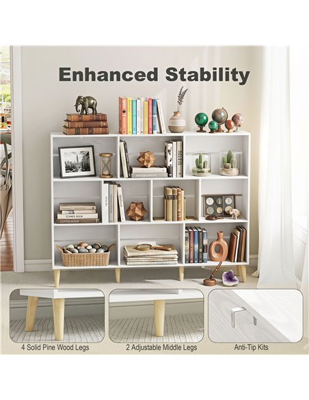 HOMCOM 10-Cube Bookcase, 3-Tier Book Shelf with Solid Wood Legs, 140 cm Modern Bookshelf with Anti-Tip Kit for Bedroom, White - pic 206347 | FastDaddyshop