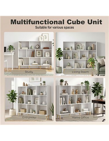 HOMCOM 10-Cube Bookcase, 3-Tier Book Shelf with Solid Wood Legs, 140 cm Modern Bookshelf with Anti-Tip Kit for Bedroom, White